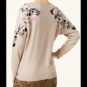 INC International Concepts Beige Sweater with Pink Floral Accents